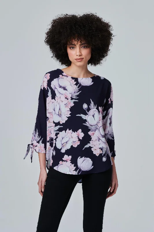 Metallic women's topsFloral Tie Sleeve Blouse Top