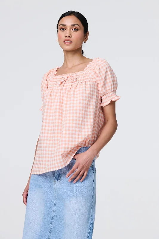 Ruffled women's topsGingham Check Puff Sleeve Blouse