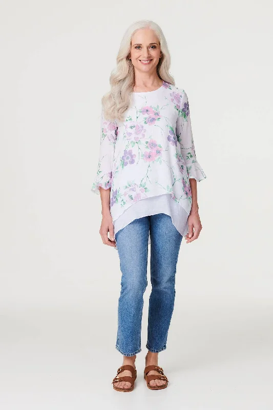 Shawl collar women's topsFloral Layered Hem Blouse Top