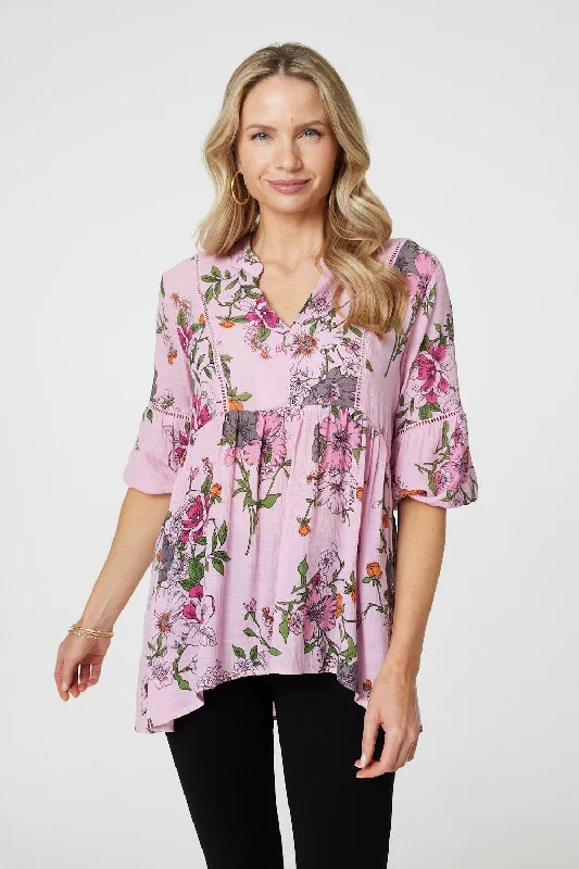 Burgundy women's topsFloral 3/4 Sleeve Curve Hem Blouse