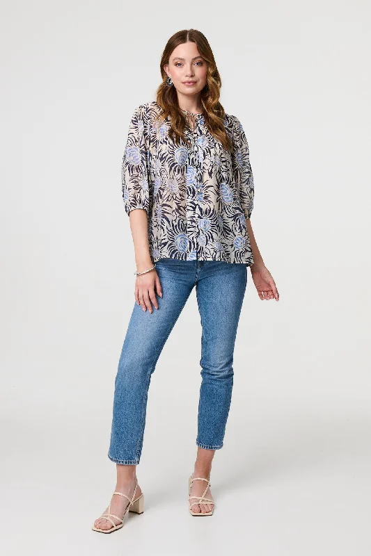 Scoop neck women's topsFloral 3/4 Puff Sleeve Relaxed Blouse