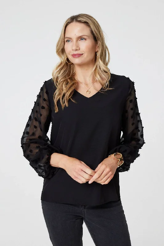 Elegant women's topsPolka Dot Semi Sheer V-Neck Blouse