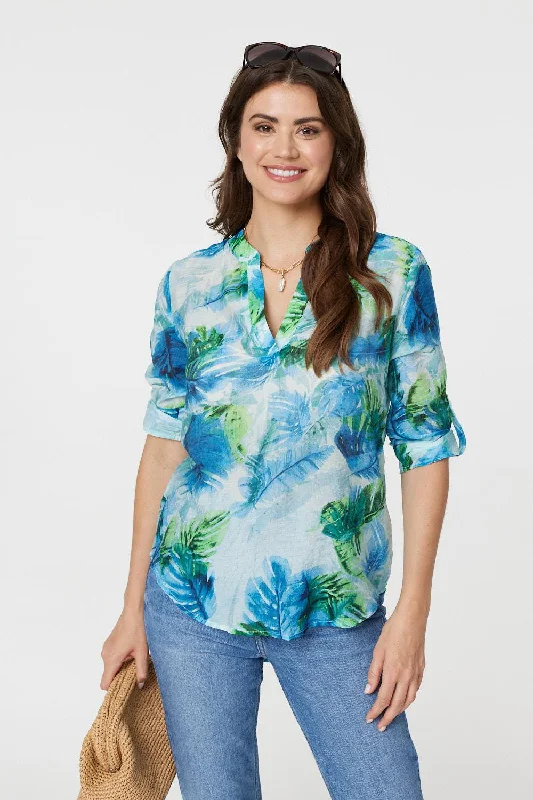 Spring women's topsTropical Print V-Neck 3/4 Sleeve Blouse