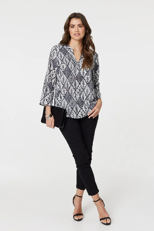 Winter women's topsLeaf Print 3/4 Sleeve Curve Hem Blouse