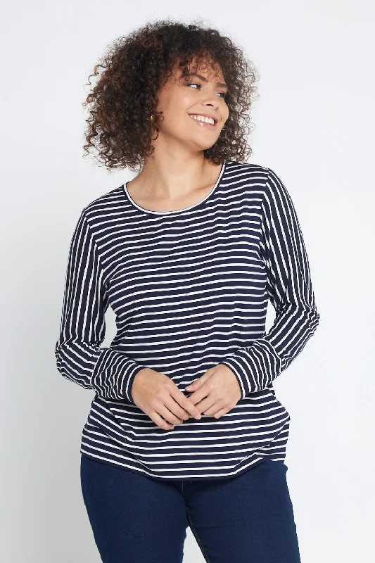 Lightweight women's topsLeoni Long Sleeve Cotton Tee - Navy Stripe