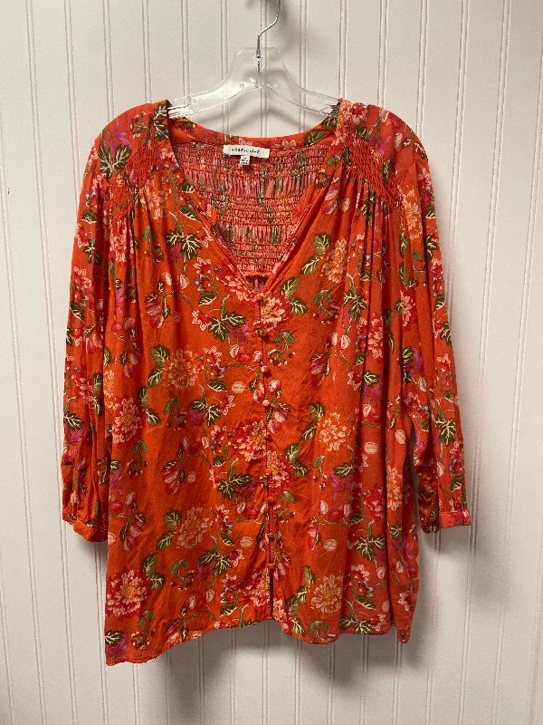 Oversized women's topsOrange & Pink Top Long Sleeve Basic Rose And Olive, Size 3x